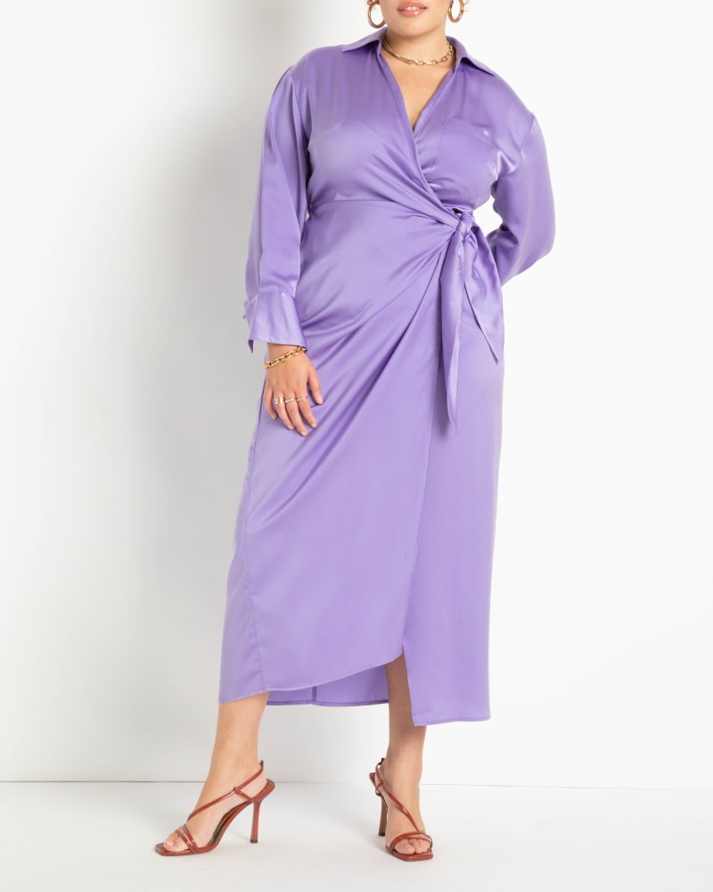 Front of a model wearing a size 20 Satin Maxi Wrap Dress in Dahlia Purple by ELOQUII. | dia_product_style_image_id:275243
